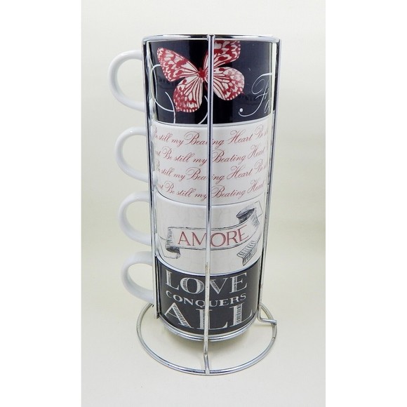 Pier 1 Imports Ceramic Stacking Mugs Be Still My Beating Heart Rack Set of 4 - Picture 1 of 10